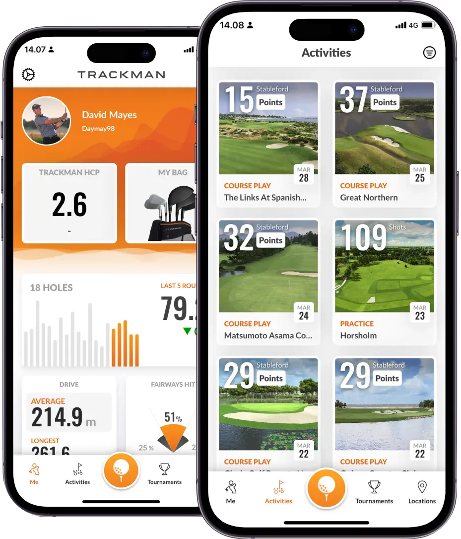 Two iPhones showing the trackman app, one shows the users golf statistics the other shows the activities available including famous golf courses